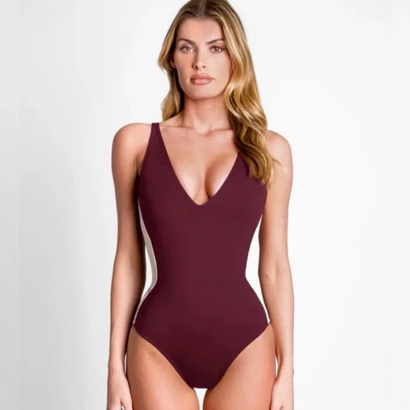 TA3 Plungey Contour One Piece Swimsuit NWT Medium XLong Dark Cherry/ Oat - Picture 3 of 7